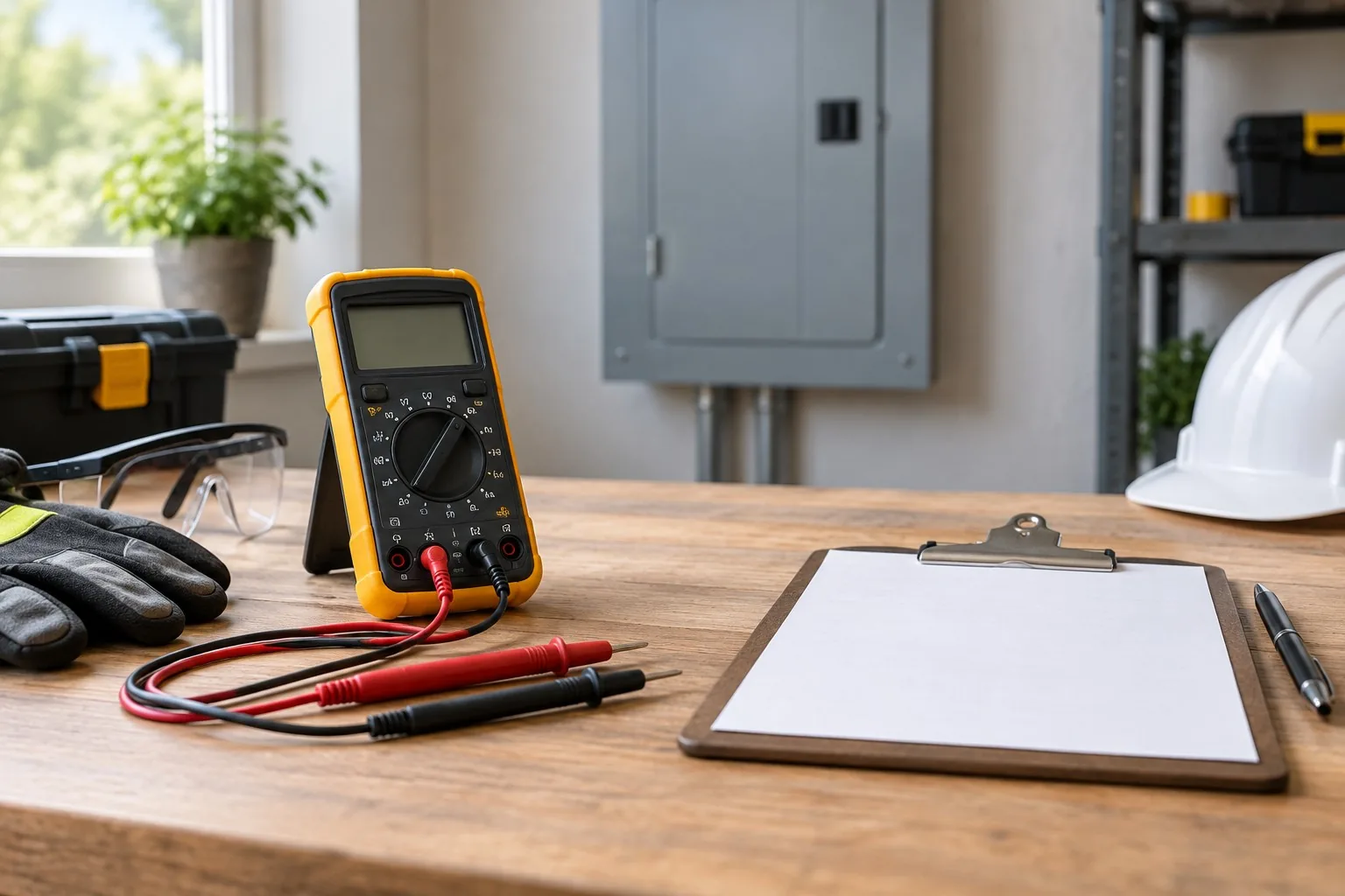 Illustration: multimeter and clipboard illustrating electrical inspections