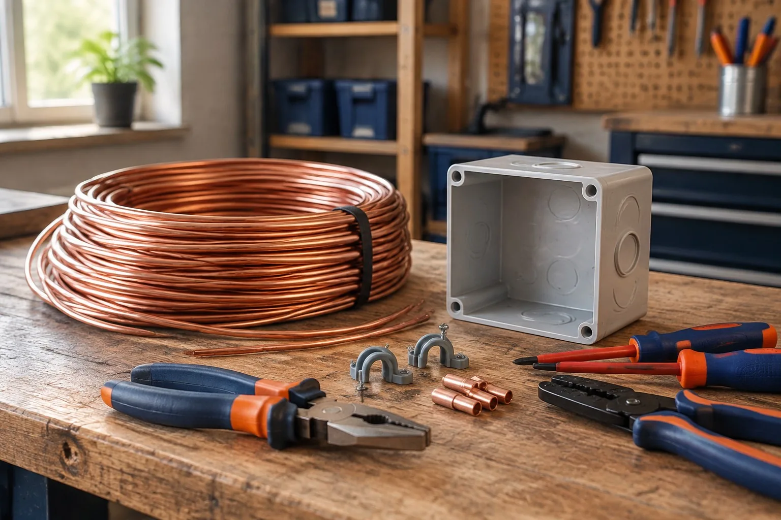 Illustration: copper cable and insulated tools illustrating wiring services
