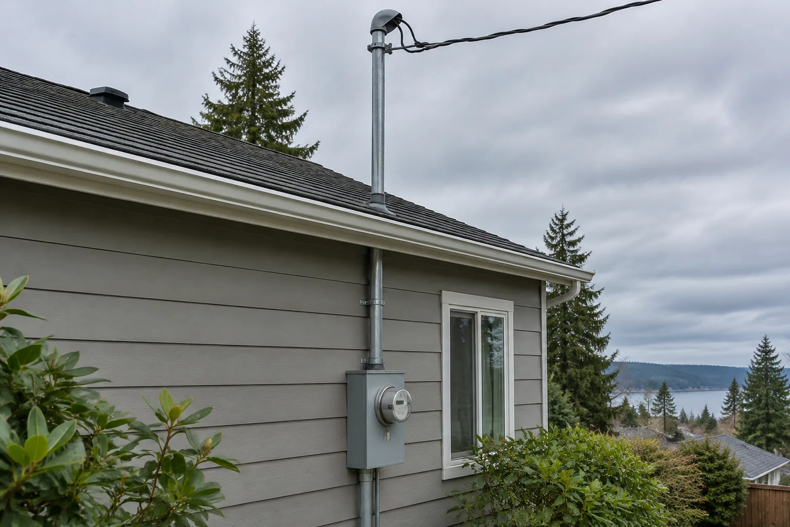 electric meter base and service mast on the side of a house